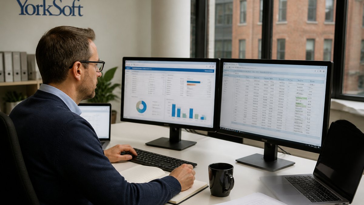 Retail manager reviewing inventory and sales data on dashboards whilst scaling retail operations in a modern office.