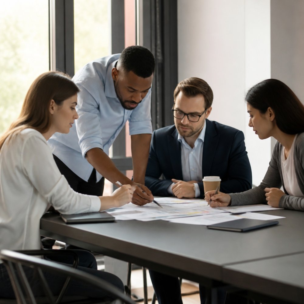 Professional sales team collaborating around a conference table, reviewing strategy documents and discussing processes together, natural office lighting