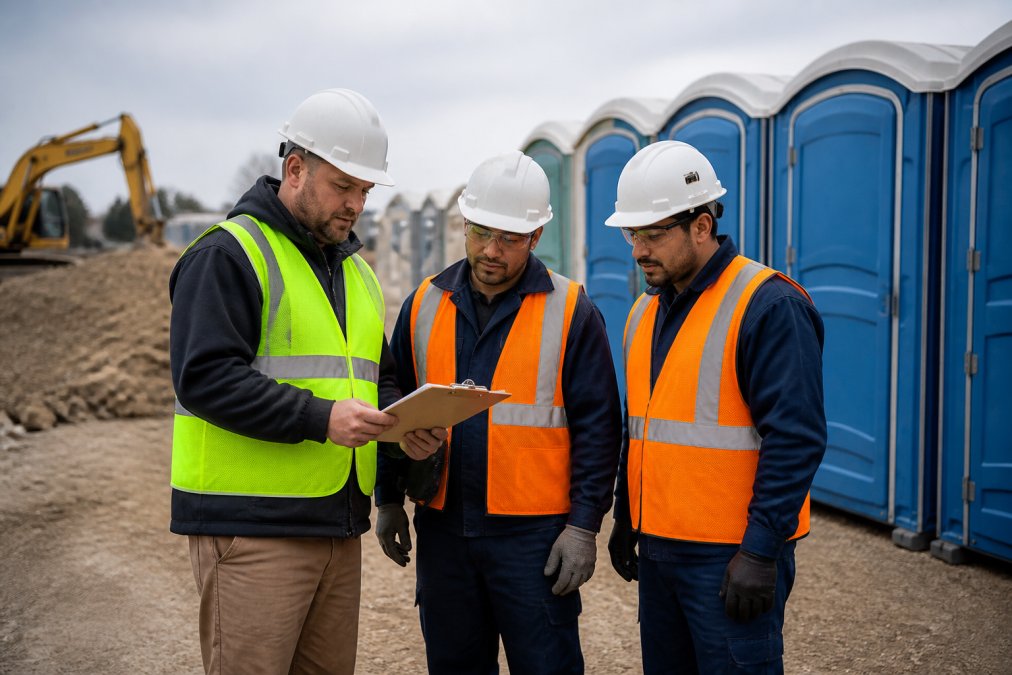 A supervisor in a safety vest and hard hat reviewing a checklist with two sanitation workers beside a row of portable restrooms on a construction site