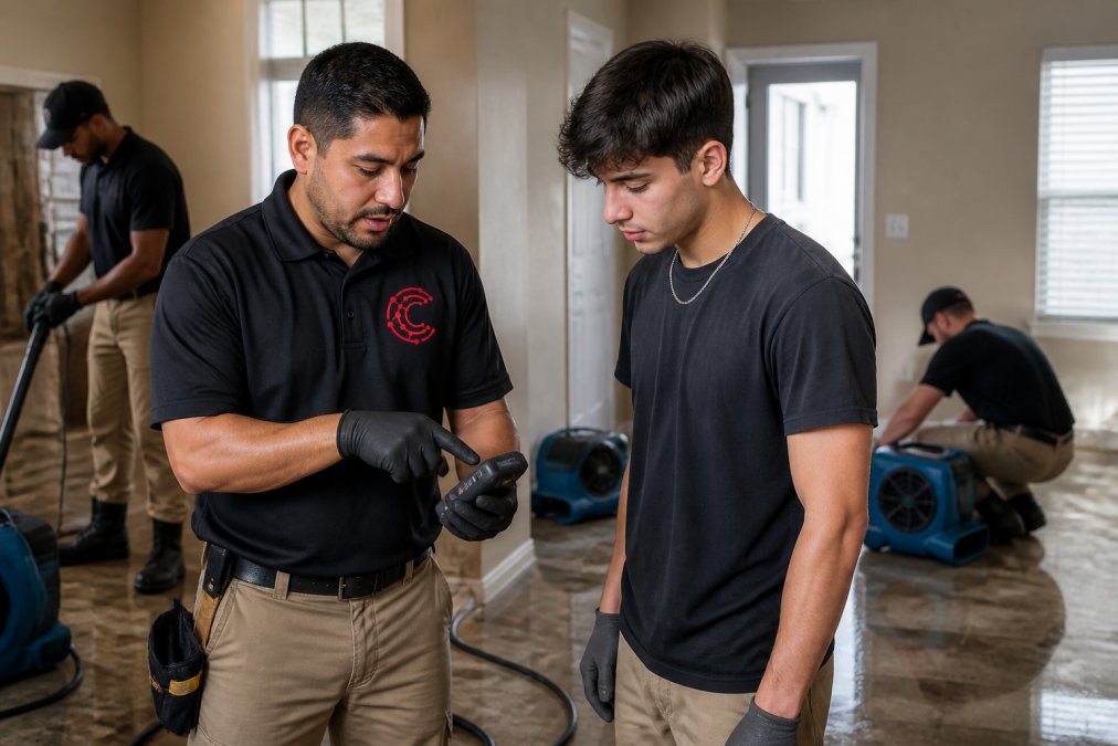 A restoration crew leader in a branded work shirt walking a new technician through a water-damaged room, pointing at a moisture meter while other crew members set up drying equipment in the background