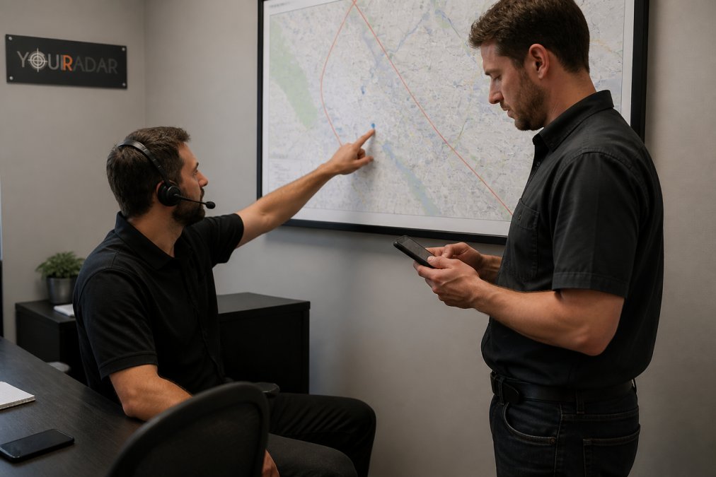 Dispatcher and field technician using real-time data for scaling small trade businesses through digital updates.