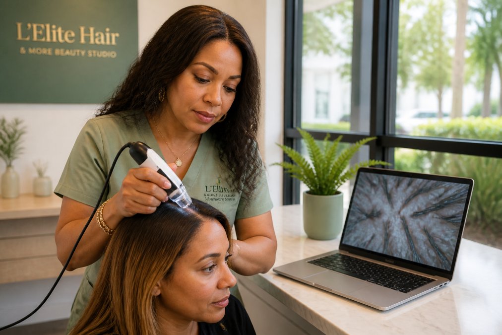 Trichologist using a digital microscope to explain scalp analysis cost to a client in a bright studio