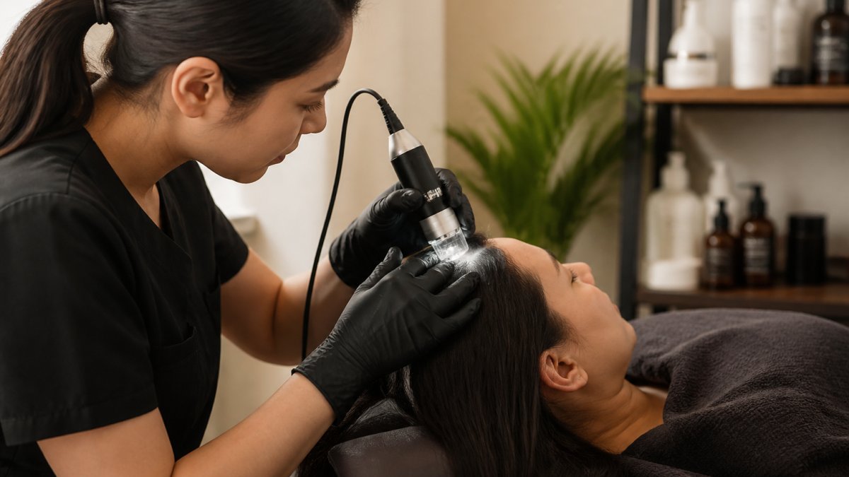 Licensed professional performing detailed scalp analysis with magnification device on client's scalp in calm clinical setting with soft natural lighting