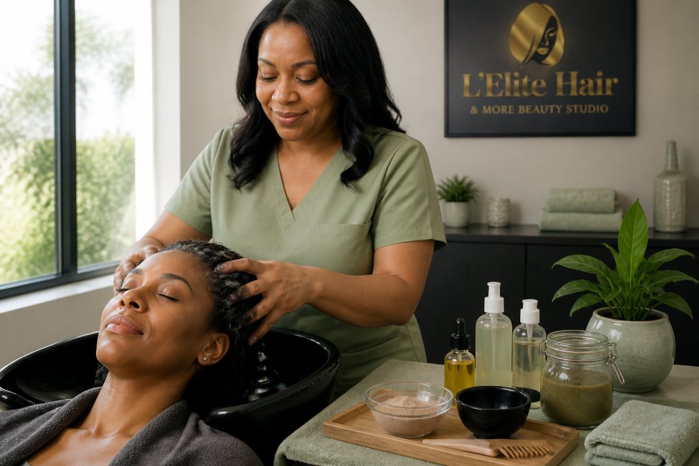 Professional using circular massage motions for a scalp detox hair regrowth treatment in natural light