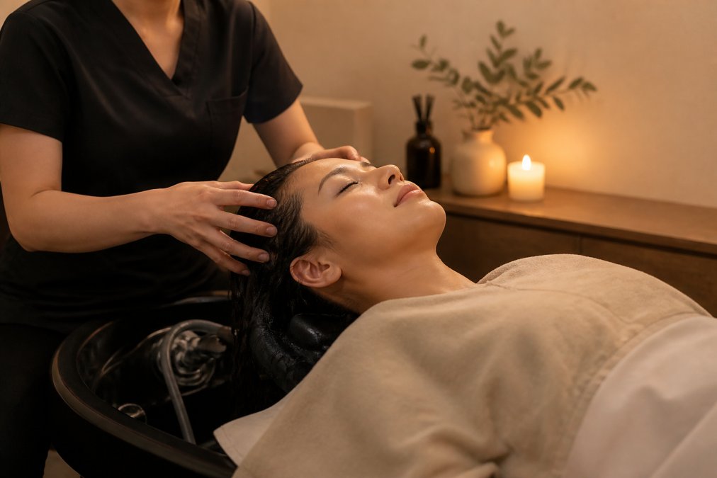 Esthetician performing a relaxing scalp facial treatment on a client in a serene spa room