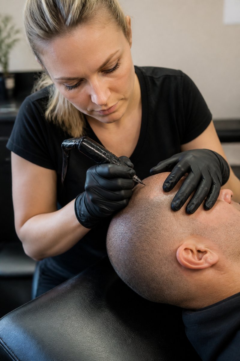 Close-up of a specialist's hands using a micro-needle device on a client's scalp, applying fine stippled pigment dots to areas of diffuse thinning under bright clinical lighting