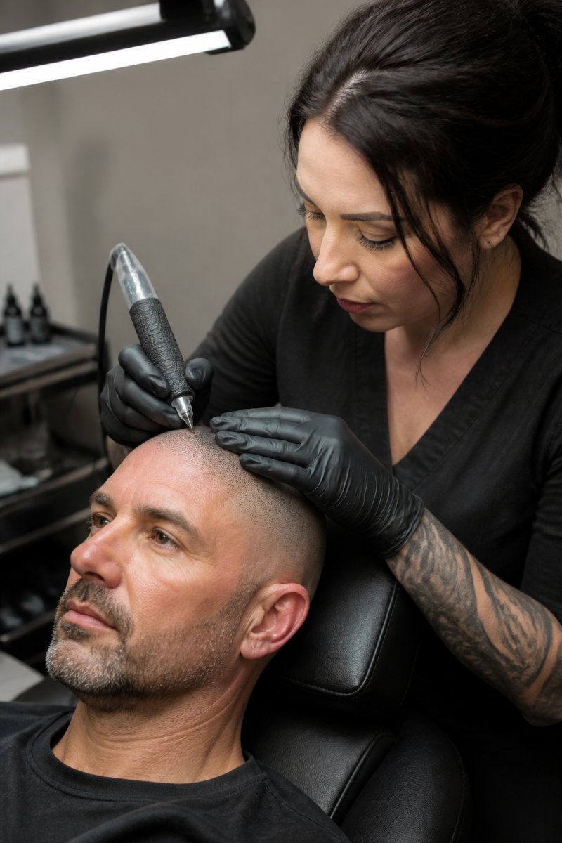 Technician performing scalp micropigmentation steps with precision microneedles in a sterile clinical setting