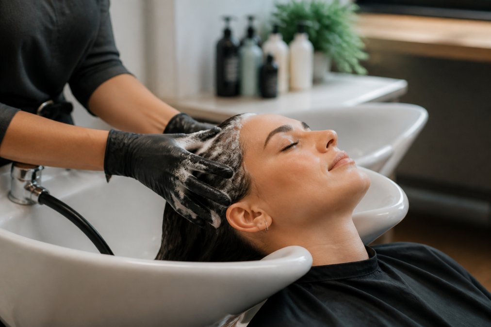 Stylist massaging a hydrating scalp therapy treatment into a client's hair at a serene salon basin
