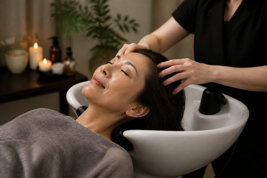 Woman in her 40s enjoying a relaxing scalp treatment for women in a serene, dimly lit spa environment.