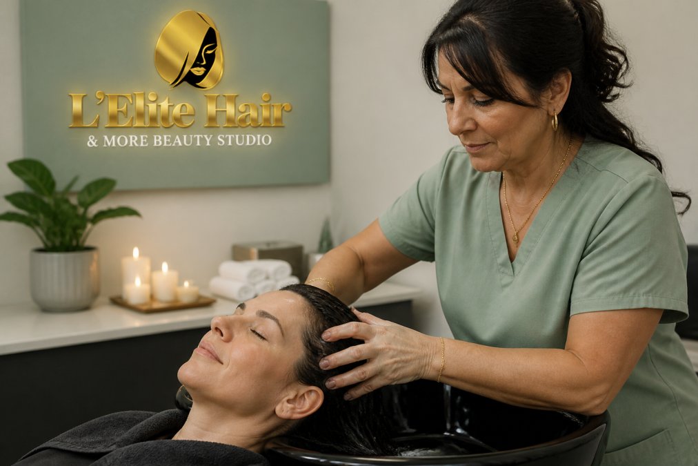A woman reclining comfortably on a treatment bed in a softly lit studio while a licensed scalp care professional works warm water and gentle massage across her scalp and hairline