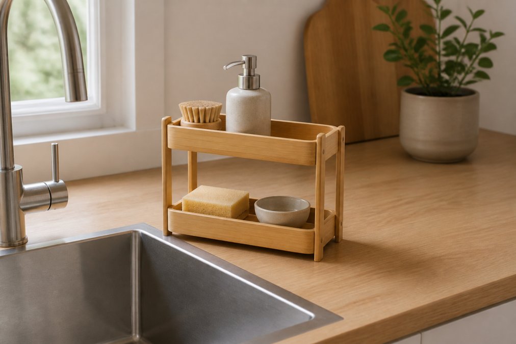 Minimalist bamboo rack organizing a tidy sink area in a bright scandinavian kitchen design with oak counters.