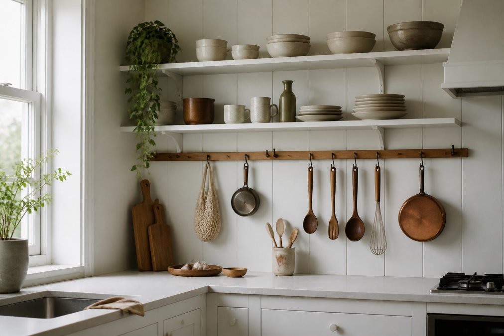A bright, minimalist kitchen with white cabinetry, a wooden hanging rail holding utensils and a few pots, and open shelves displaying a few ceramic dishes, with natural light streaming in from a nearby window