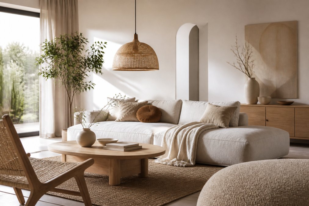 A bright living room with a woven pendant lamp, light wood furniture, linen textiles and a natural colour palette, styled in a warm minimalist Scandinavian way