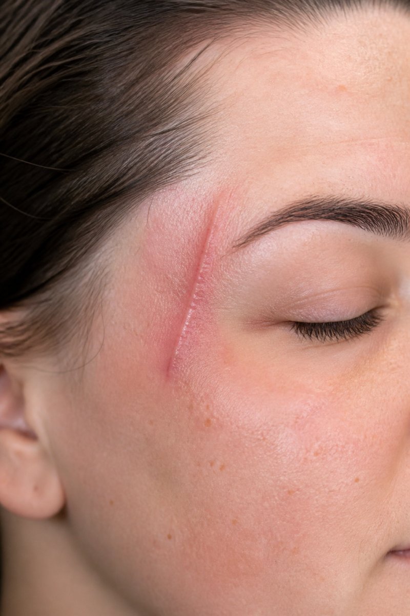 Close-up of skin showing mild redness and slight swelling immediately after scar camouflage treatment, with the treated area clearly visible and surrounding skin tone for comparison