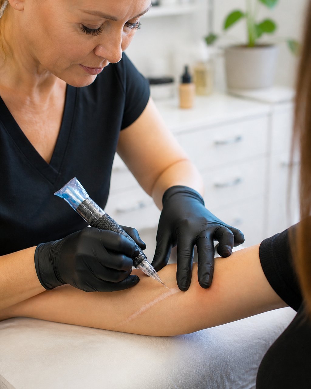 Professional technician performing scar camouflage tattooing on patient's arm, showing precise pigment application with specialized equipment in clinical setting with bright, natural lighting