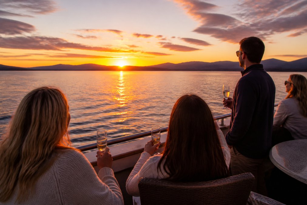 Passengers on the open-air deck of a yacht watching a vivid orange and pink sunset over Lake Tahoe, champagne glasses in hand, mountain silhouettes in the distance, warm golden light across the water