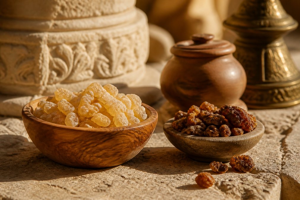 Close-up of frankincense and myrrh resin crystals in wooden bowls with soft natural lighting, evoking ancient temple settings
