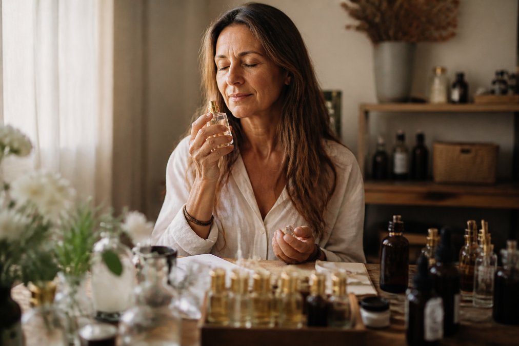 Person holding an open fragrance bottle with eyes closed, experiencing the scent, with soft warm lighting suggesting contemplation