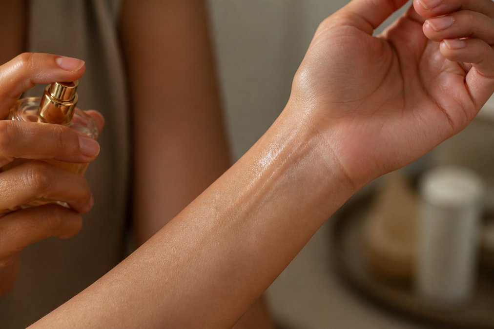 Close-up of a person's inner wrist showing fragrance application with natural warm lighting highlighting skin tone and texture