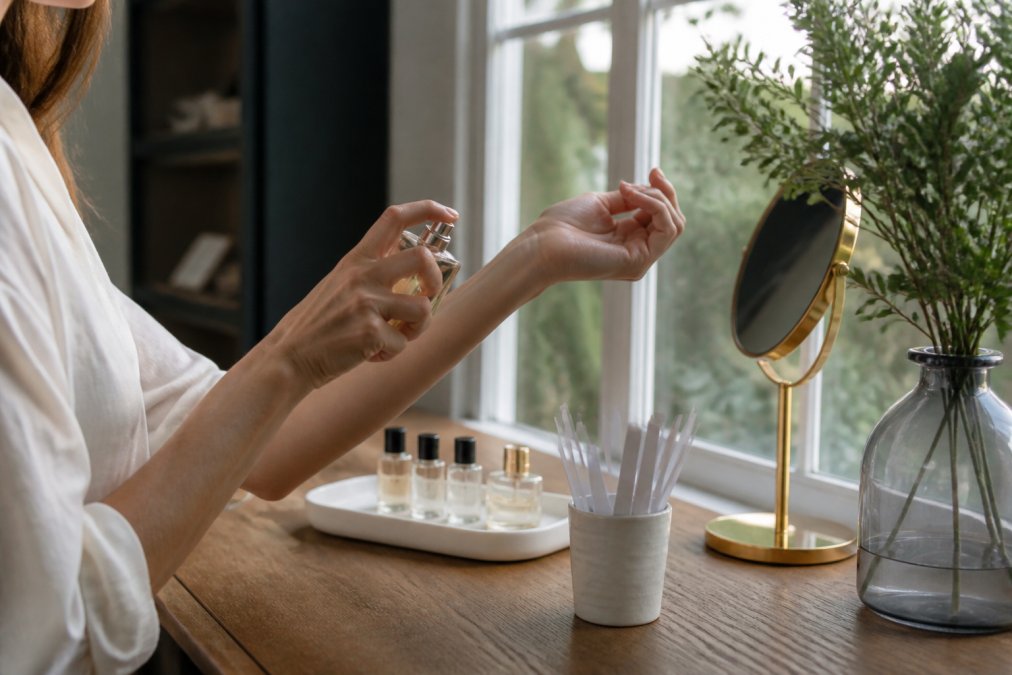 Person spraying fragrance on inner wrist with natural daylight streaming through a window, demonstrating proper application technique