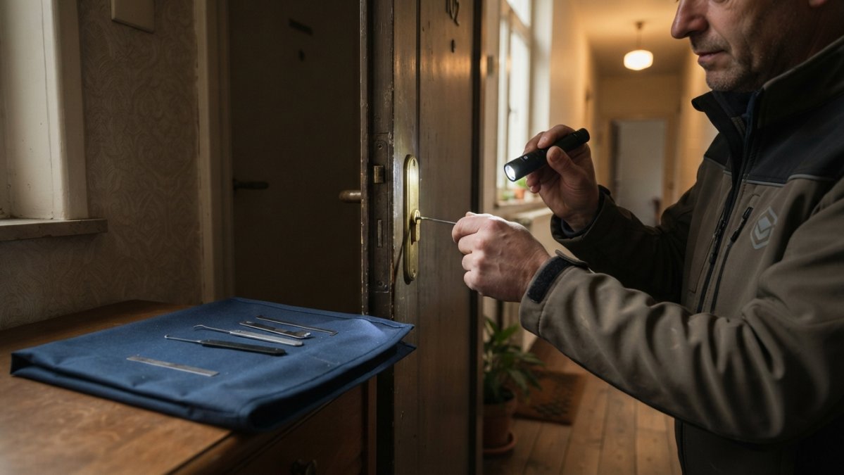 Close-up van iemand die voorzichtig een deurslot inspecteert met een zaklamp, in een huiselijke hal in Antwerpen, met gereedschap zoals een flipper en een smalle strip op een doek ernaast