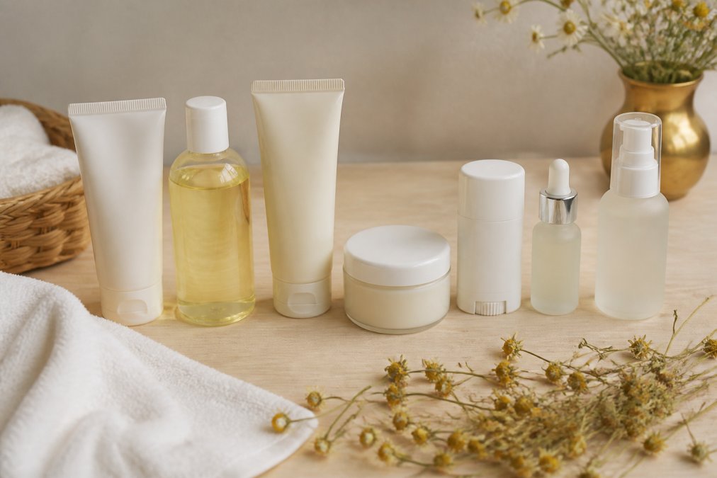 Flatlay von sieben Babypflegeprodukten in natürlichen Farben auf einem hellen Holztisch: Waschgel, Massageöl, Bodycreme, Balsam und Serum nebeneinander arrangiert, dazu ein weißes Frotteehandtuch und getrocknete Kamillenblüten im Vordergrund