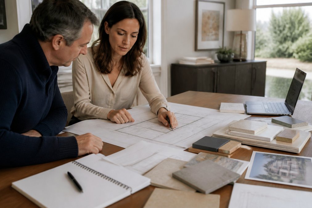A homeowner and architect reviewing blueprints and material samples at a dining table, with notebooks and a laptop nearby in a bright home office