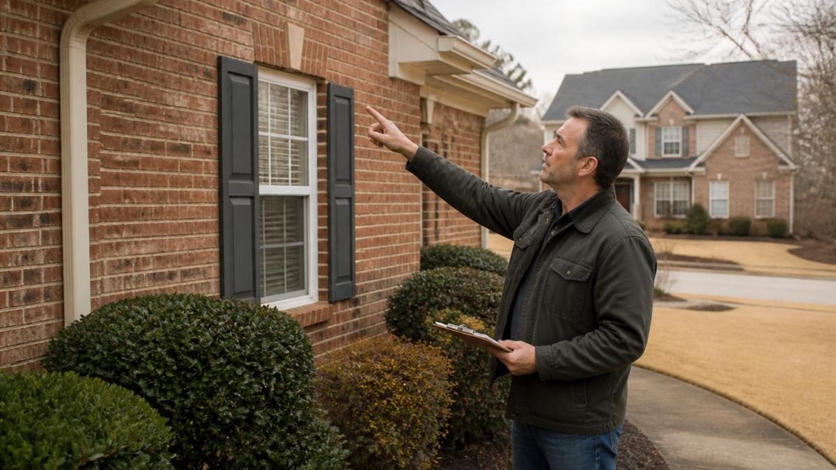 A homeowner in a suburban Atlanta yard inspecting the exterior of a brick house, pointing out areas that need maintenance, overcast afternoon light