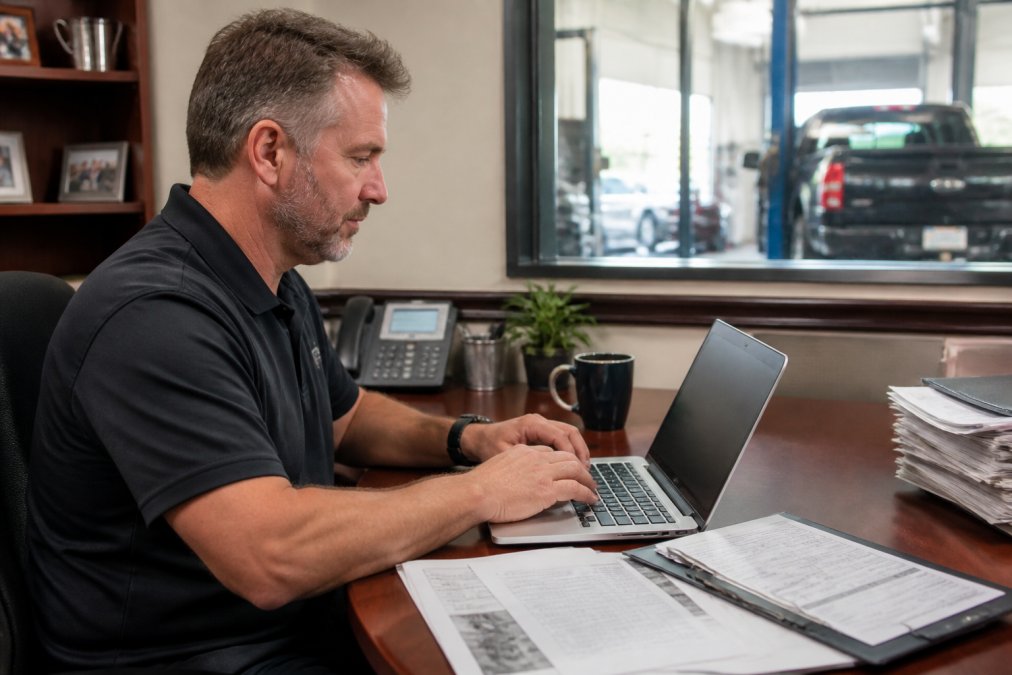 Professional working at computer scheduling GMC service appointment with vehicle maintenance records visible on desk, natural office lighting