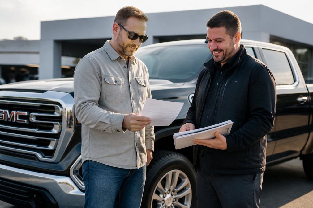 GMC vehicle owner holding service appointment confirmation and vehicle maintenance records standing beside GMC truck in daylight