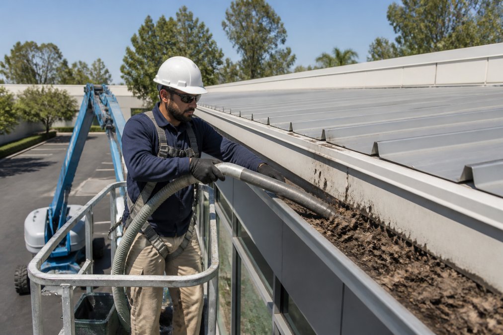 A uniformed technician in a safety harness and hard hat using a professional gutter cleaning tool to remove debris from the gutter of a multi-story commercial building, with a boom lift visible in the background on a clear day