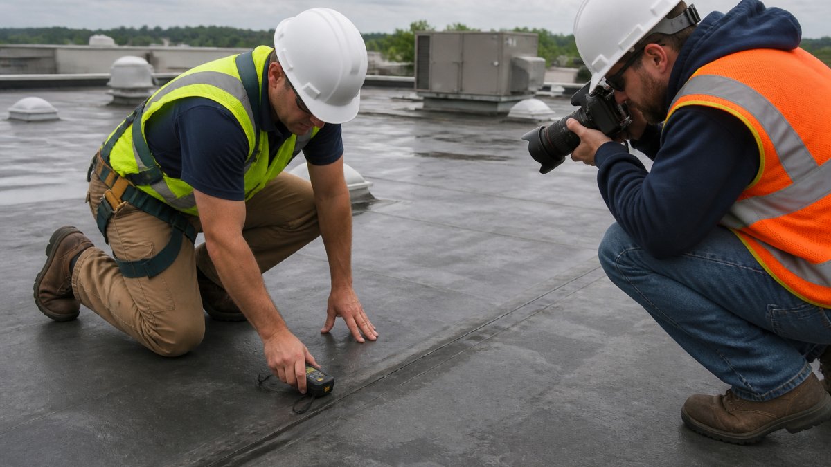 A commercial roofing contractor in safety gear kneeling on a flat roof, inspecting a membrane seam with a moisture meter while another worker photographs the area