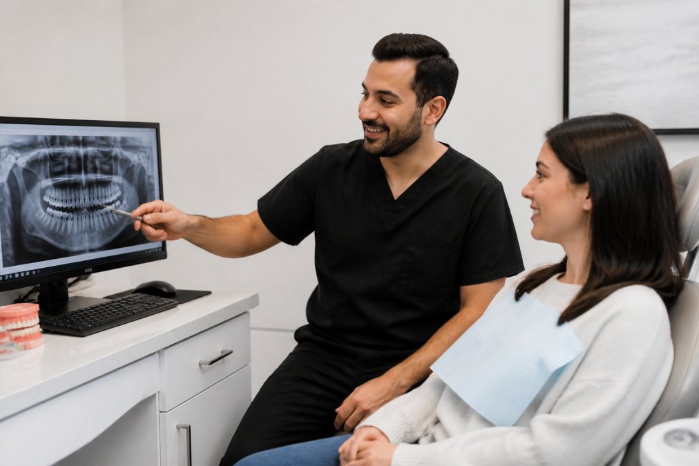 Dentist showing a patient modern digital x-ray technology on a computer screen in a bright treatment room, with patient seated in dental chair looking relaxed and engaged