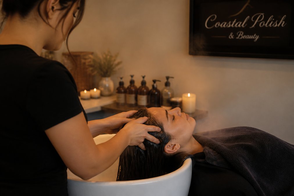 Professional therapist performing scalp massage on relaxed client reclined in spa chair, warm water and essential oil aromatherapy visible, soft spa lighting in background