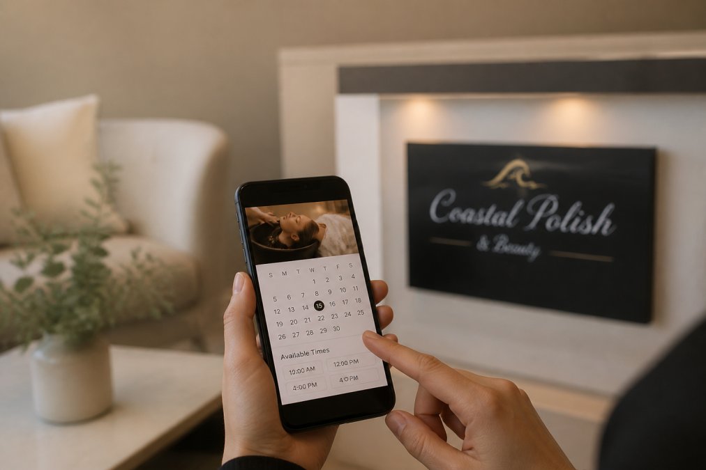 Person's hands holding smartphone displaying spa booking interface with calendar showing available appointment times, serene spa interior visible on screen background
