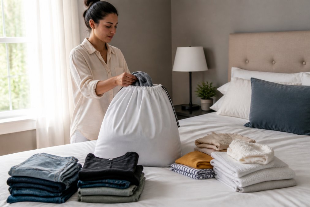 Person organizing clean laundry into a white laundry bag on a bed, with sorted piles of clothing visible nearby, natural bedroom lighting streaming through window
