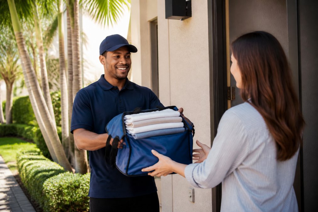 Delivery person handing neatly folded stack of clean laundry in branded bag to customer at residential doorstep, morning sunlight