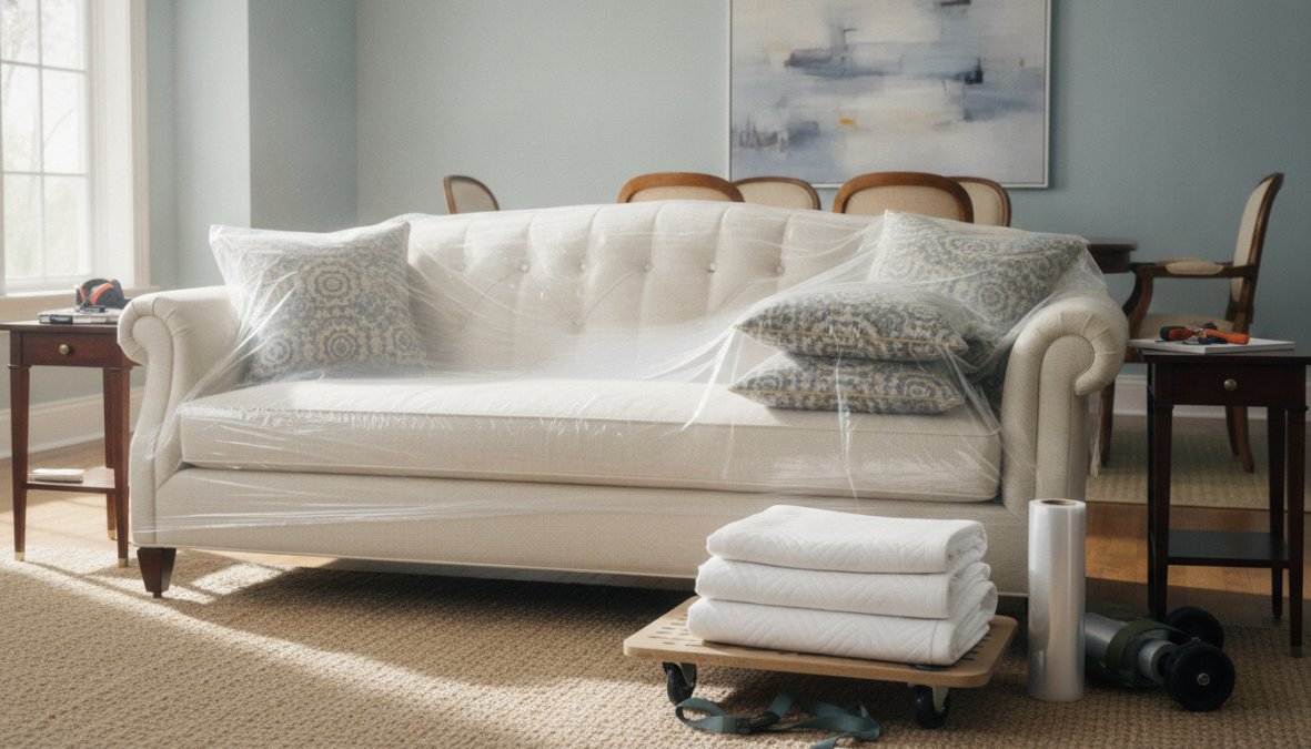 A well-maintained upholstered sofa in a bright, clean living room with natural sunlight streaming through windows, showing furniture in excellent condition ready for consignment