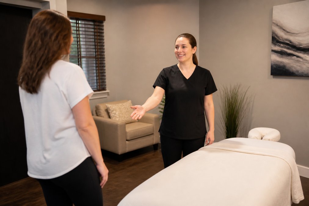 Licensed massage therapist greeting a client in a calm treatment room with soft lighting, comfortable seating, and a massage table prepared with fresh linens