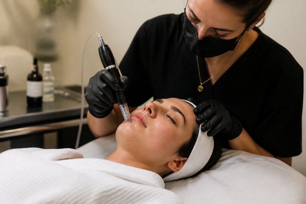 Licensed practitioner performing microneedling treatment on client's face in clinical setting, showing the handheld device and professional technique with proper lighting and sterile environment