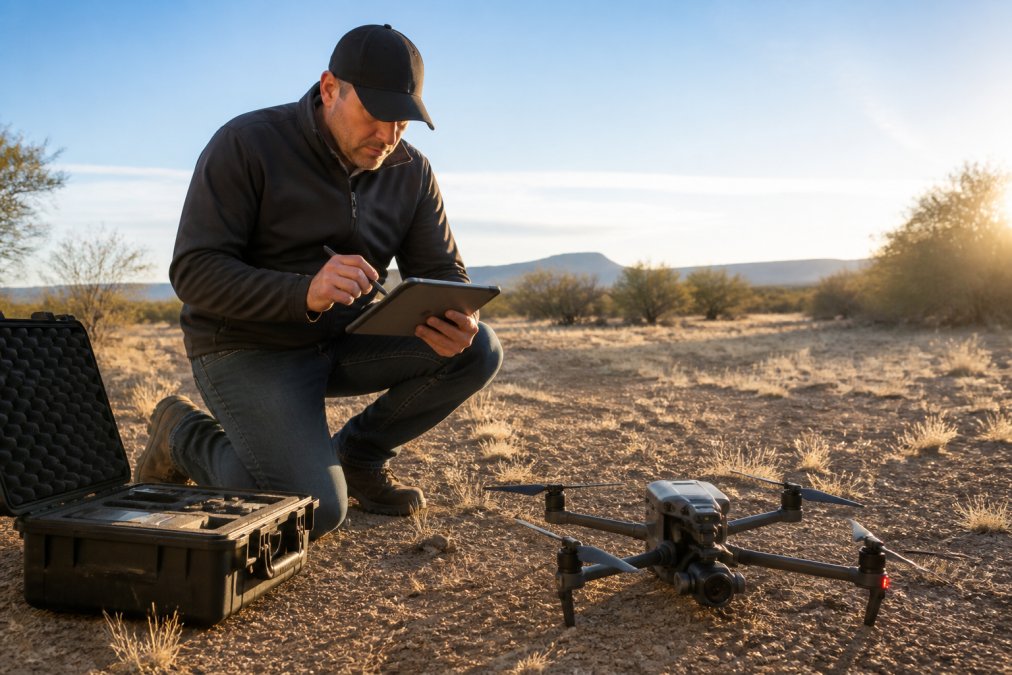 Professional drone pilot reviewing flight plan on tablet in field with DJI drone and equipment case visible, morning sunlight
