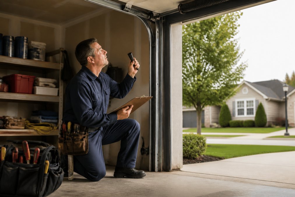 A licensed garage door technician in work clothes kneeling beside an open residential garage door, holding a clipboard and checking the torsion spring and track with a flashlight in a suburban driveway