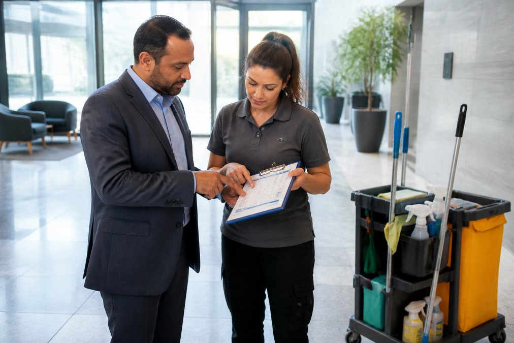 Property manager and cleaning lead reviewing a recurring office cleaning schedule on a clipboard in a lobby