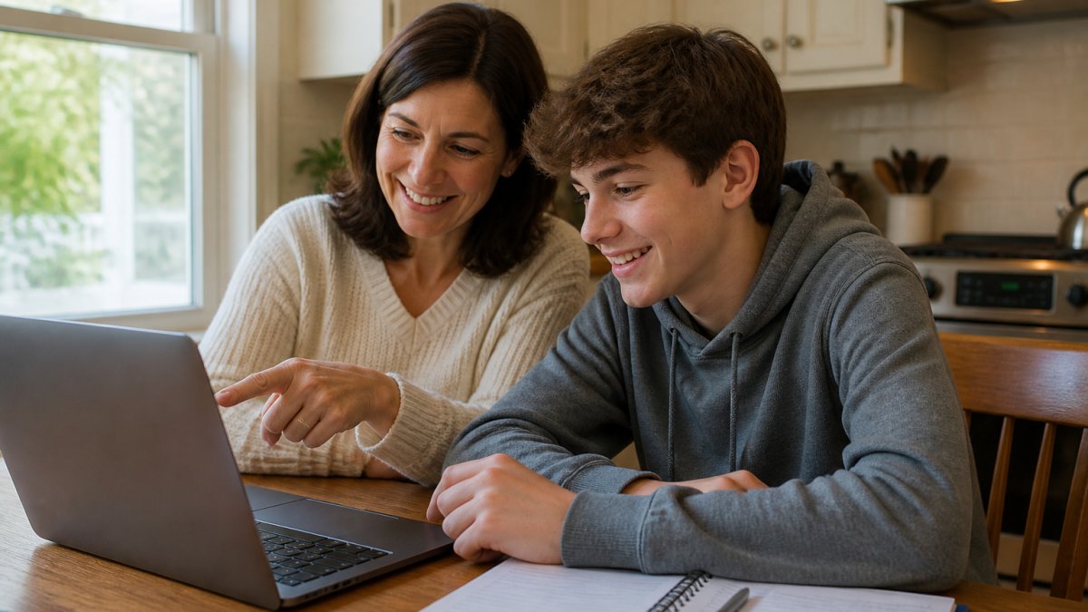Parent and teenager using a laptop to schedule their SCDMV road test appointment online together