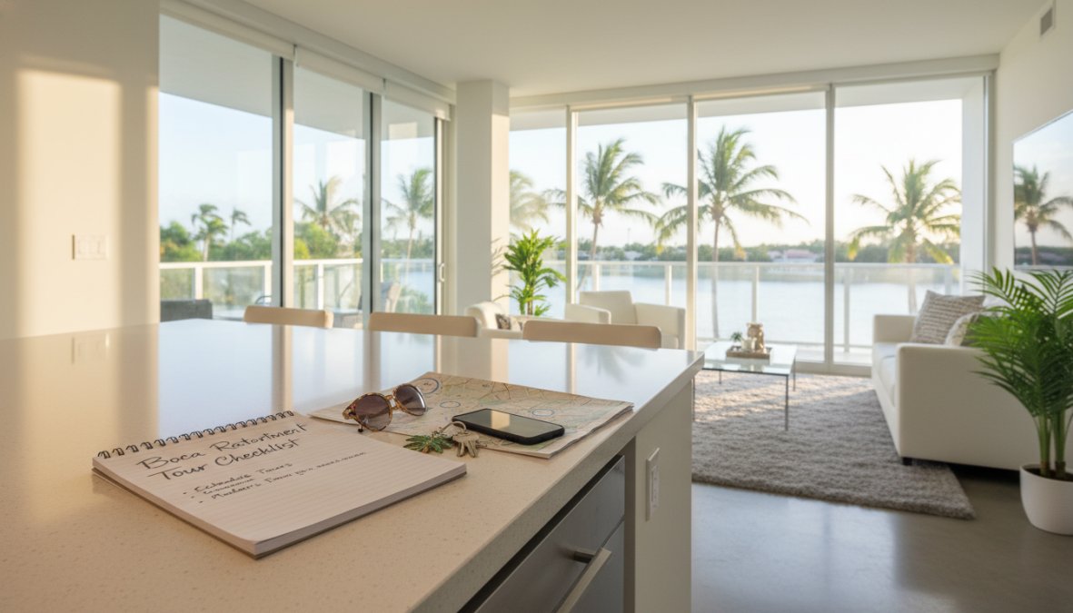 A prospective renter walking through a sunlit modern apartment with large windows and quartz countertops, holding a clipboard and reviewing a printed checklist, afternoon light casting long shadows across light wood flooring
