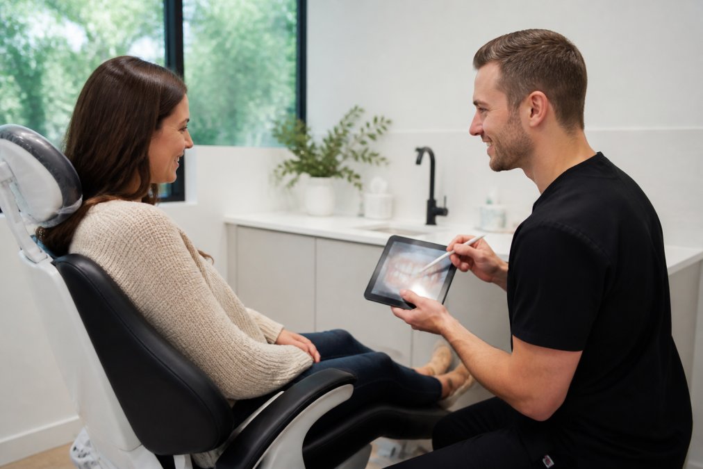 Patient seated in modern dental chair during consultation while dentist reviews digital smile design on tablet screen, bright clinical lighting in background