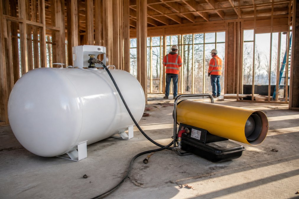 A large white propane tank and a yellow torpedo heater positioned inside an unfinished wood-framed building under construction, with two workers in orange high-visibility vests and white hard hats visible in the background, lit by natural light streaming through open wall framing