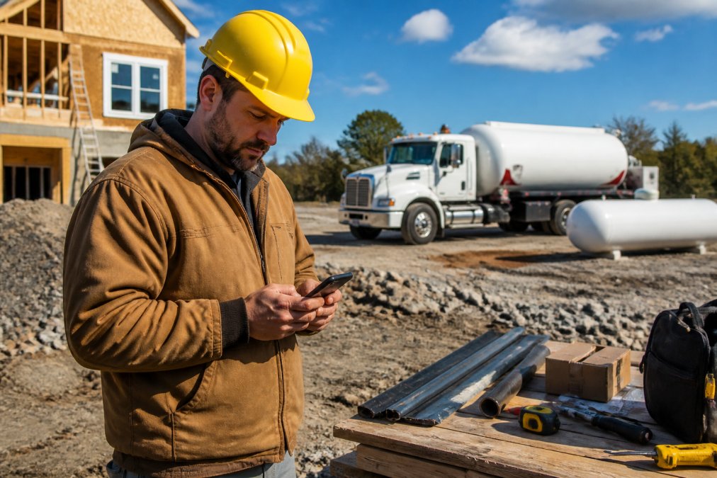 A male contractor in a yellow hard hat and work jacket reviewing a delivery schedule on a smartphone while standing at a construction site, with a white propane delivery truck visible in the background near a large tank, under bright midday sunlight