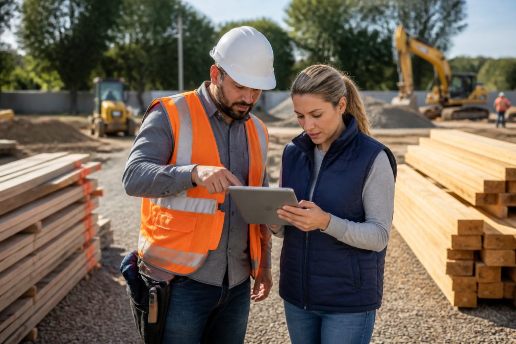 Crew supervisor and office manager reviewing a tablet together on a job site, discussing work orders and scheduling with natural outdoor lighting