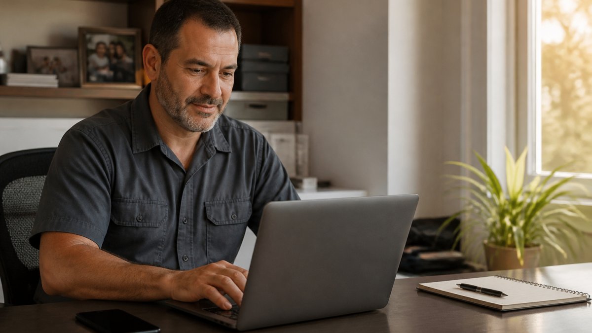 A trades business owner in a work shirt sitting at a desk with a laptop open to a calendar booking page, a phone and notepad nearby, looking focused and relaxed in a bright home office